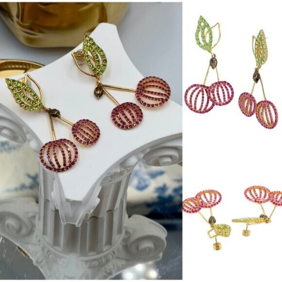 🆕 KURT GEIGER LONDON 🧿 NWOT Pavé CHERRIES Cherry Statement Earrings, Gold Tone - Picture 1 of 16